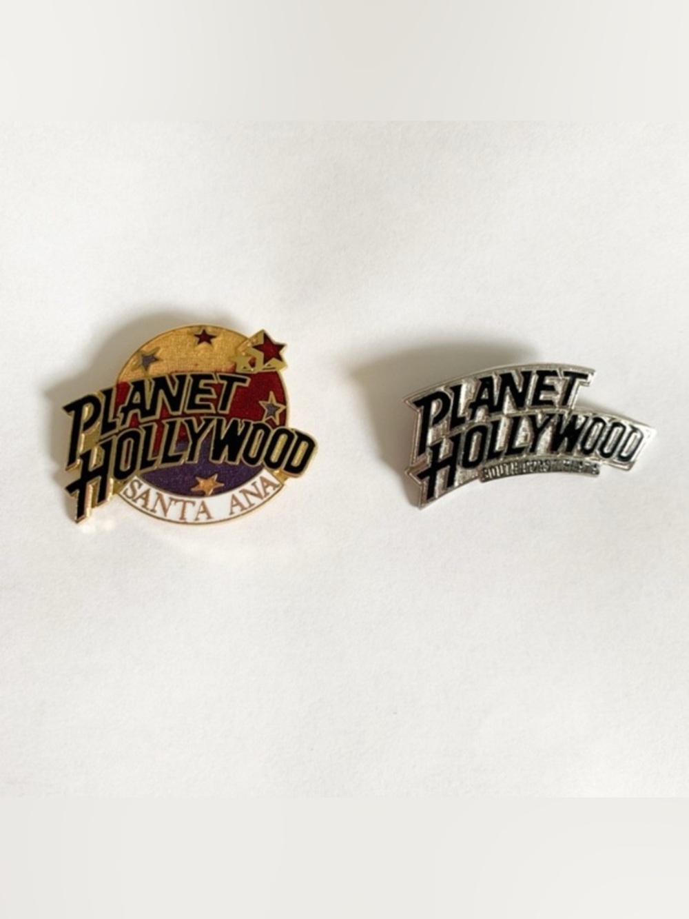 Planet Hollywood Santa Ana South Coast Plaza Brooch Set of 2 Pins Globe Silver